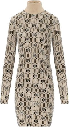 Elisabetta Franchi Kleedjes, Dames, Beige, L, Polyester, Champagne Monogram Gebreide Mini Jurk