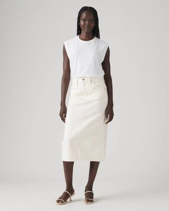 Levi's Midi Skirt Womens Off White Denim Cotton High Rise Back Slit PALL436