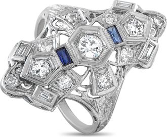 Luxury Bazaar 18K White Gold 0.55ct Diamond and Sapphire Art Deco Ring MF10-063026