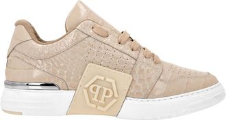 Philipp Plein Schoenen, unisex, Beige, 40 EU, Leer, Croco Printed Leather Lo-Top Sneakers Hexagon