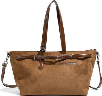 Generic Cymwer Women Girls Faux Suede Solid Color Shoulder Bag with Adjustable Strap (Brown)