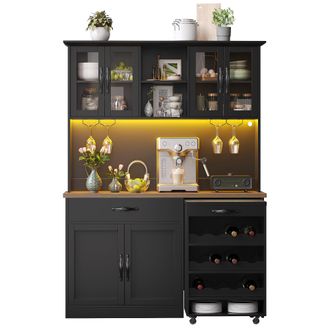 STILVORA Aparador De Cocina Con 4 Puertas De Vidrio, 1 Caj&oacute;n, Copero, Botellero, Led, En Mdf, Negro, 140&times;38&times;180 Cm