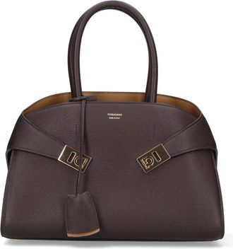 Ferragamo Medium Structured Handbag with Rotating Buckle Closure and Signature Logo
