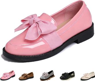 Generic 2026 New Womens Cute Bowknot Design Loafers, Patent Leather Slip On Flat Shoes with Low Square Heel for Women (Pink,6.5)