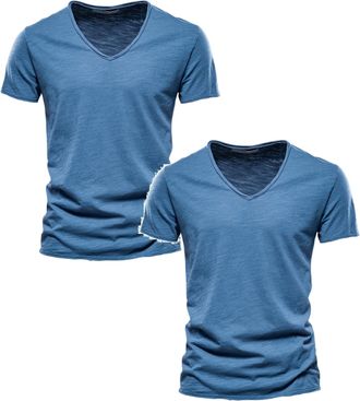 Generic 2 Pack T-Shirts for Men UK Casual V Neck Short Sleeve Tee Top Slim Fit Comfy Cotton Summer T Shirt Plain Breathable Shirts Undershirts Blue XL