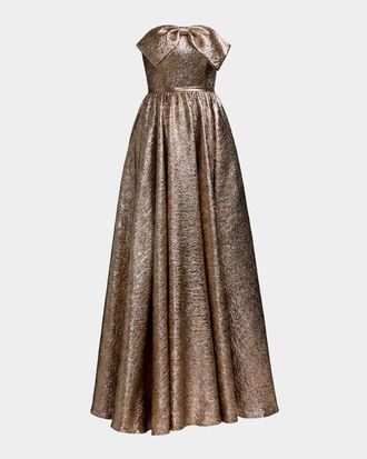 Mac Duggal Metallic Brocade Bow Strapless Gown