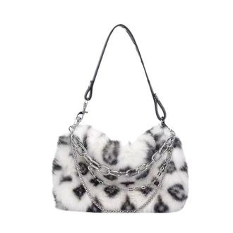 Generic Womens Plush Bags Faux Fur Leopard Shoulder Bag Womens Autumn Winter Chain Handbags Ladies Print Clutch Purses Fluffy Top Handle Bags(White)