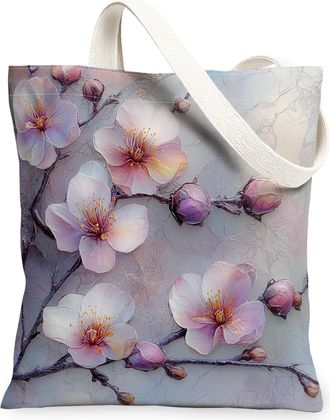 Generic Spring Plums Blossoms Flower Canvas Tote Bag for Shopping 13x15, Modern Marble Floral Reusable Grocery Print Bag for Women, Luxury Beach Aesthetic Pai