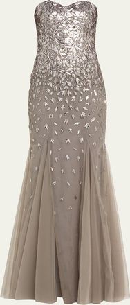 Pamella Roland Strapless Embroidered Degrade Godet Gown