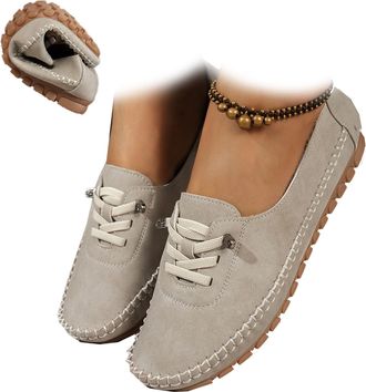 Generic Womens Comfortable Soft Hand-Stitched Genuine Leather Loafers, Vintage Leather Orthopedic Loafers, Wide Fit Breathable Slip-On Walking Shoes (Beige,8.