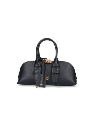 Pinko Smooth Black Leather Tote with Gold Hardware Accents