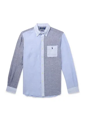 Polo Ralph Lauren Button-Down Collar Panelled Puppytooth and Striped Linen Shirt