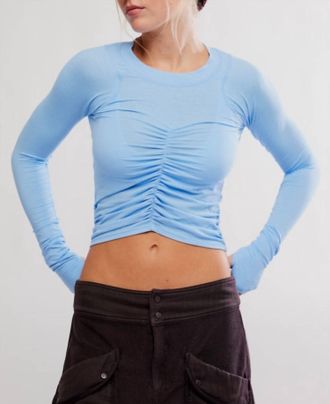 Free People Tempo Ruched Long Sleeve High Dive Top In Blue