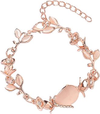 Generic Opal Leaf Rose Gold Bracelet for Women Elegant Jewelry Engraved Dainty Handmade Adjustable Bangle (A, One Size)