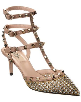 Valentino Rockstud Caged 65 Mesh & Leather Ankle Strap Pump