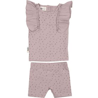 Maniere Petals & Polka Dots Flutter Sleeve Top & Shorts Set in Mauve at Nordstrom, Size 18M