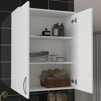 Dmora Mueble De Pared Isili, 2 Estantes, 2 Puertas, 3 Compartimentos, 70x90h Cm Blanco
