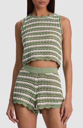 Alice & Olivia Ciara Crop Stripe Pointelle Knit Top in Sage/Soft White at Nordstrom, Size X-Small