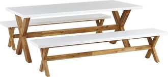 Beliani Conjunto Comedor De Jard&iacute;n De Cemento Y Madera Blanco Mesa + 2 Bancos Olbia