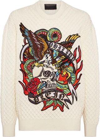 Philipp Plein Tattoo Graphic-Print Jumper - Heren - Ronde hals truien - Wit - M - Wol - Truien & Vesten
