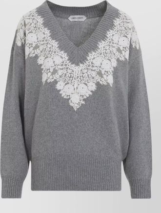 Alberta Ferretti cashmere v-neck fine-knit lace-appliqu&eacute; sweater