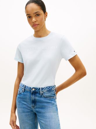 Tommy Hilfiger Kurzarmshirt TOMMY HILFIGER REG CORP LOGO C-NK SS, Damen, Gr. L (42/44), keepsake blau, Jersey, Obermaterial: 100% Baumwolle, unifarben, normal h&uuml;ftla