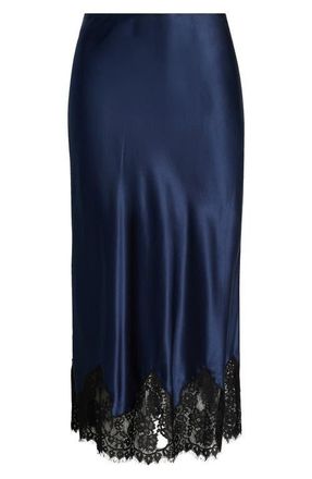 Reformation Carolina Lace Trim Silk Midi Skirt in Navy at Nordstrom, Size X-Small