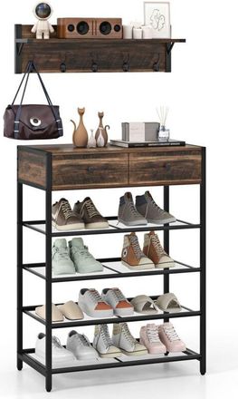 Costway Coat Rack Shoe Stand Set 5-Tier Shoe Rack w/Wall-Mounted Coat Rack-Brown