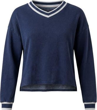 FYI Denim French Terry V-Neck Striped Rib Crop Top in Dark Denim at Nordstrom, Size X-Large