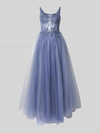 Unique Abendkleid aus T&uuml;ll mit Stitchings und Pailletten in Bleu, Gr&ouml;&szlig;e 32