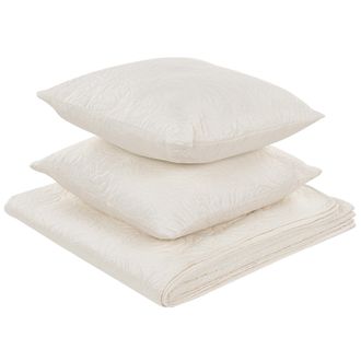 Beliani Colcha Con Cojines Estampado En Relieve Poli&eacute;ster 140 X 210 Cm Blanco Crema Rudkhan