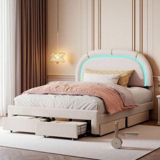OEM Cama Simple 140x200 - Terciopelo Beige - 2 Cajones De Almacenamiento - Iluminaci&oacute;n Led Rgb - Cabecera Ajustable