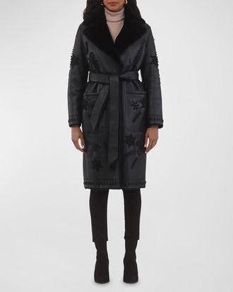 Gorski Lamb Shearling Wrap Coat with Floral Embroidery