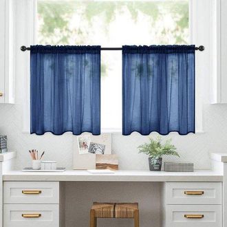 No Brand Dos Piezas De Tela Para Cortinas Cortas Trinitron Con Soporte Para Barra Y Costuras, Semiopacas Para Cocina Y Ba&ntilde;o - 76 Cm X 92 Cm - Azul Marino