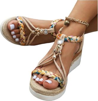 Generic Bohemian Beach Sandals for Women 2026,Platform Sandals Women Summer Dressy,Rhinestone Beaded Elastic Ankle Strap Flip Flops Open Toe Summer Beach Flat