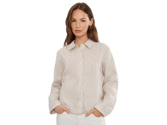Eileen Fisher Striped Organic Linen Sheen Classic Collar Jacket Womens Jacket Wheat : MD, Linen/Nylon