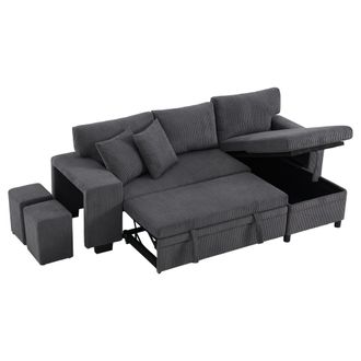 STILVORA Sof&aacute; Esquinero Convertible 3 Plazas En Terciopelo Acanalado Con Cofre, Usb, Type-c, Estante Lateral Y Brazos Anchos, Gris