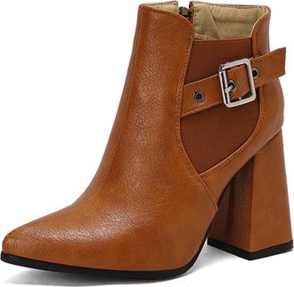 Generic Womens Ankle Boots Faux Leather Pointed Toe Chunky Block Heels Adjustable Buckle Side Zip Design Stylish Footwear For Daily Wear Evening Casual,Brown,