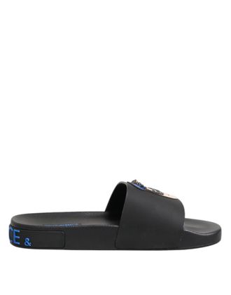 Dolce & Gabbana Black Leather Slides Flats Beachwear Mens Shoes