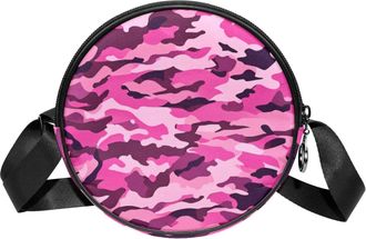 Generic Circle Crossbody Bag for Women, Pink Camouflage Small Sling Bag Daypack with Zipper Adjustable Shoulder Straps Casual Ladies Girls Round Purse