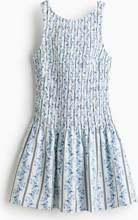 H&M Gesmoktes Baumwollkleid - Weiss/Blau Gebl&uuml;mt