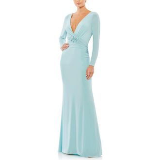 Mac Duggal Long Sleeve Ruched Jersey V-Neck Gown in Powder Blue at Nordstrom, Size 2