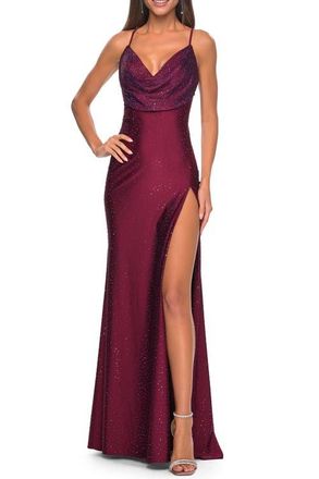 La Femme Drape Neckline Jeweled Jersey Prom Dress with High Slit in Dark Berry at Nordstrom, Size 8