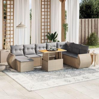 vidaXL Vidaxl - Set De Sof&aacute;s De Jard&iacute;n 9 Pzas Con Cojines Rat&aacute;n Sint&eacute;tico Beige