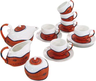 Vacchetti Taza De T&eacute; Con Tetera Y Jarra De Leche 9 Piezas Bamb&uacute; Naranja Y Cer&aacute;mica
