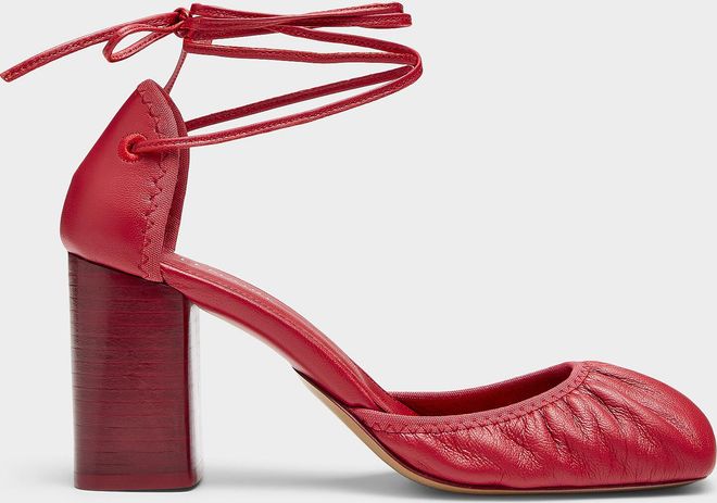 Womens Red leather lace-up heeled ballet flats