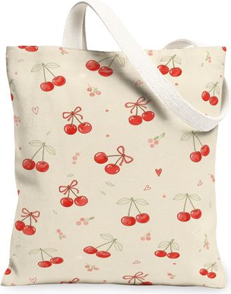 Generic Cherries Floral Canvas Tote Bags, Retro Fruit Pattern Reusable Grocery Bags, Summer Lightweight Washable Shoulder Strap Can, Beige, 13x15 Inch