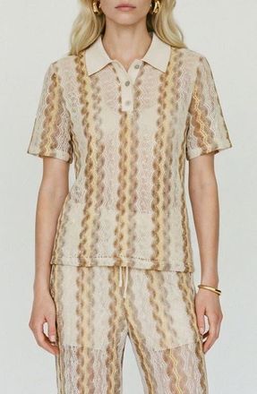 Vero Moda Teresa Chevron Openwork Knit Polo Top in Birch Pattern Silver Mink Gold at Nordstrom, Size X-Large