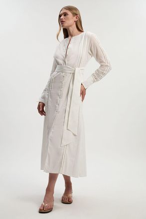 Karen Millen Womens Cotton With Lace Trim Insert Woven Long Sleeve Midi Dress - White - Size 10 UK