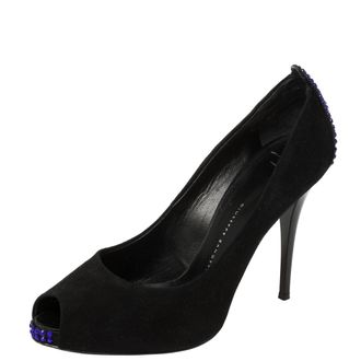 Giuseppe Zanotti Black Suede Embellished Peep Toe Pumps